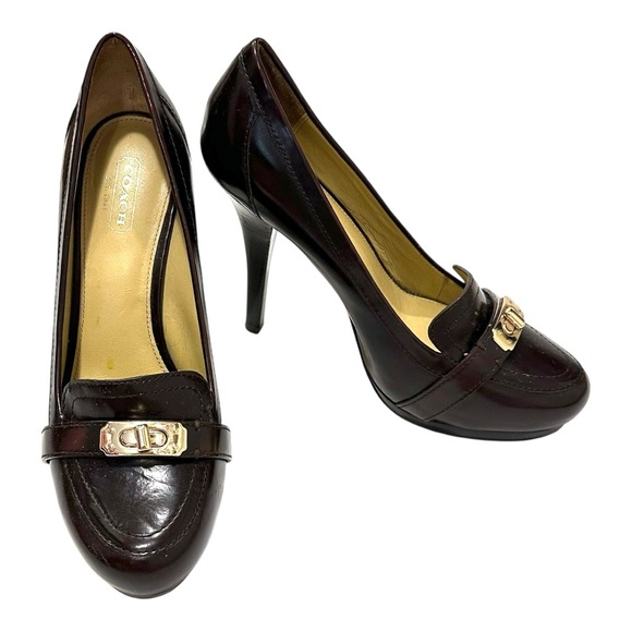 COACH Luisa Dark Brown Gold Logo Toggle Platform Heels Pumps 7.5 - Picture 10 of 16